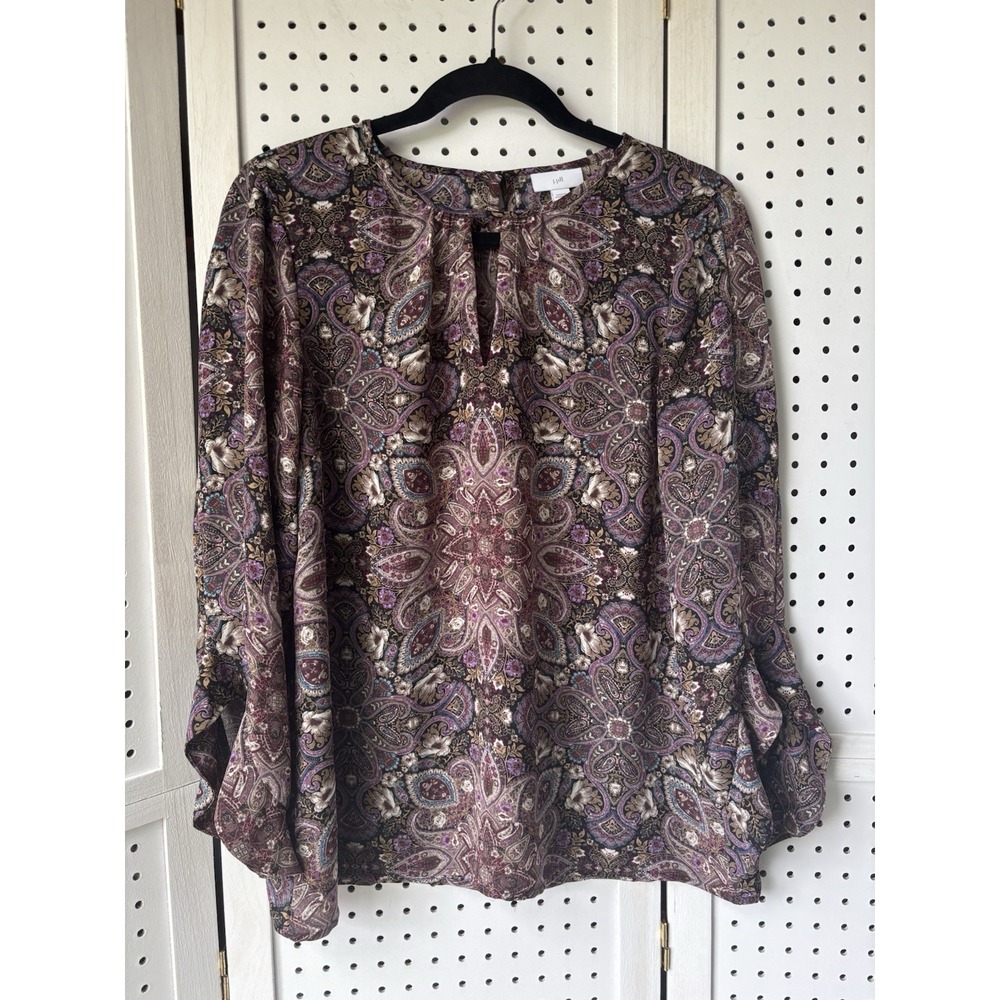 J Jill Multicolor Paisley Print Blouse Size S Keyhole Neckline Ruffle 3/4 SLV
